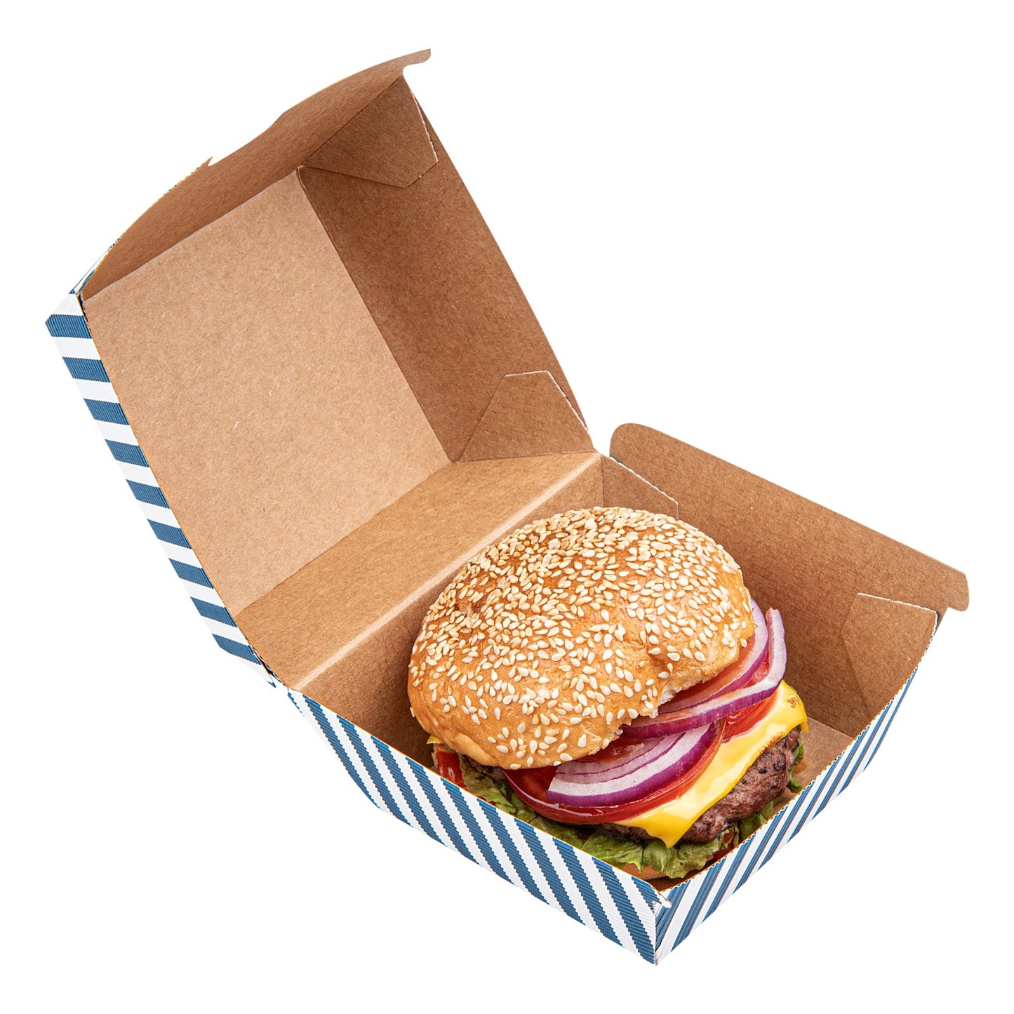 Bio Tek Blue and White Stripe Paper Burger Box - Ripple Wall - 4" x 4" x 3 3/4" - 100 count box