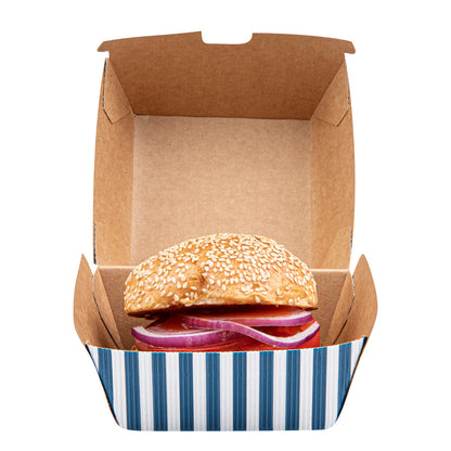 Bio Tek Blue and White Stripe Paper Burger Box - Ripple Wall - 4" x 4" x 3 3/4" - 100 count box