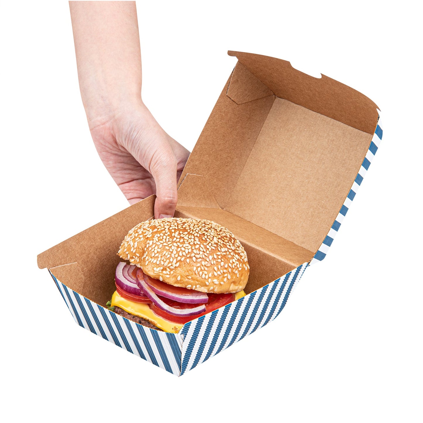 Bio Tek Blue and White Stripe Paper Burger Box - Ripple Wall - 4" x 4" x 3 3/4" - 100 count box