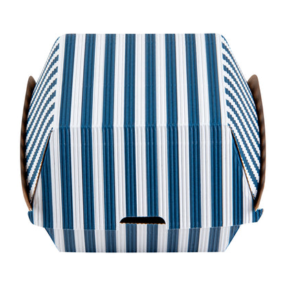 Bio Tek Blue and White Stripe Paper Burger Box - Ripple Wall - 4" x 4" x 3 3/4" - 100 count box