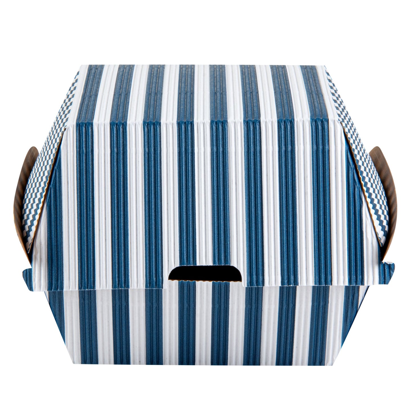 Bio Tek Blue and White Stripe Paper Burger Box - Ripple Wall - 4" x 4" x 3 3/4" - 100 count box