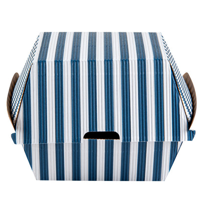 Bio Tek Blue and White Stripe Paper Burger Box - Ripple Wall - 4" x 4" x 3 3/4" - 100 count box
