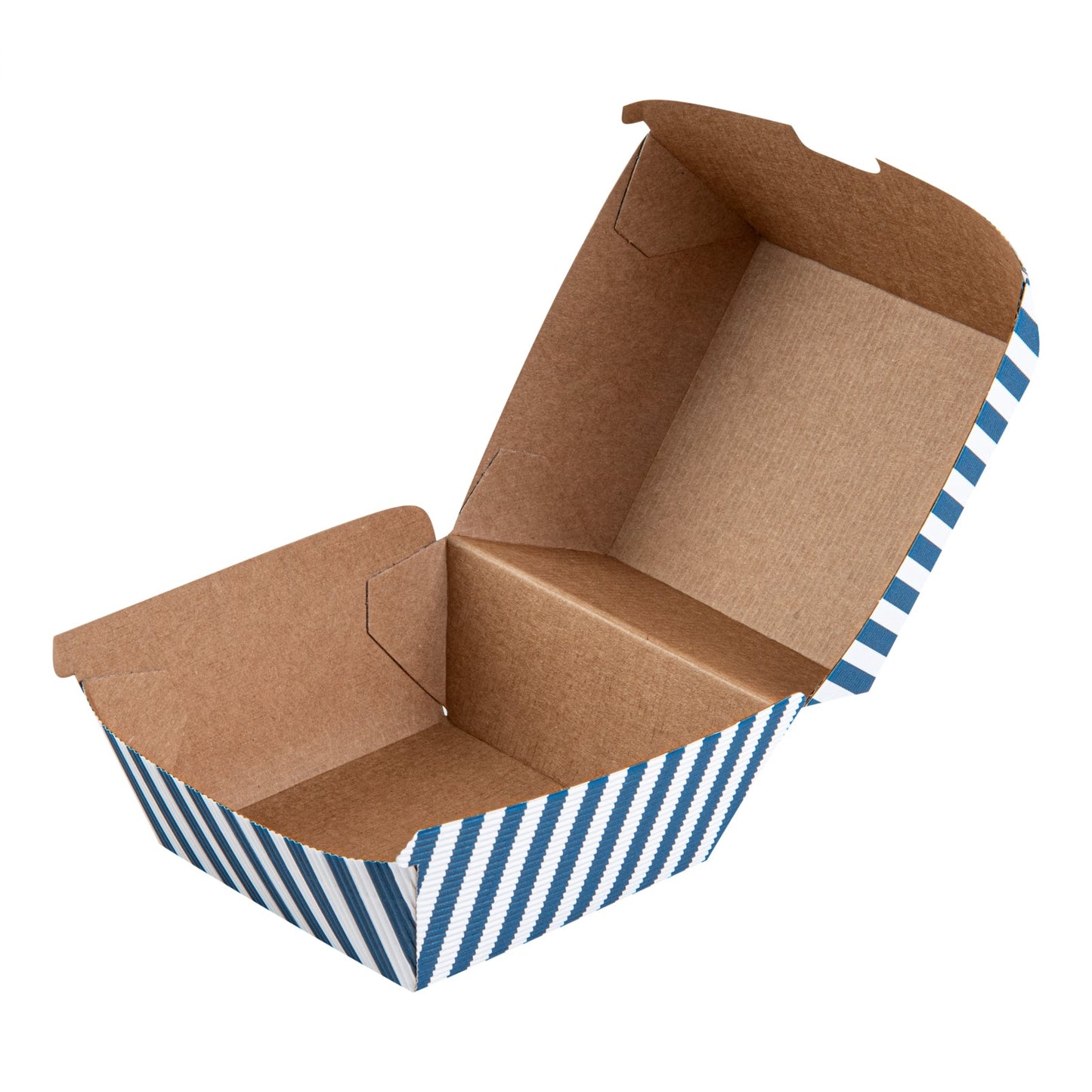 Bio Tek Blue and White Stripe Paper Burger Box - Ripple Wall - 4" x 4" x 3 3/4" - 100 count box
