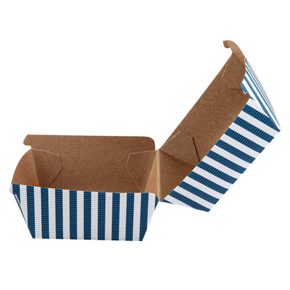 Bio Tek Blue and White Stripe Paper Burger Box - Ripple Wall - 4" x 4" x 3 3/4" - 100 count box