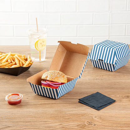 Bio Tek Blue and White Stripe Paper Burger Box - Ripple Wall - 4" x 4" x 3 3/4" - 100 count box