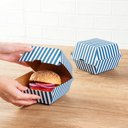 Bio Tek Blue and White Stripe Paper Burger Box - Ripple Wall - 4" x 4" x 3 3/4" - 100 count box