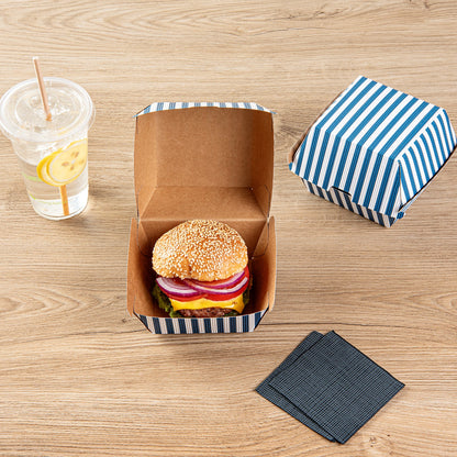 Bio Tek Blue and White Stripe Paper Burger Box - Ripple Wall - 4" x 4" x 3 3/4" - 100 count box