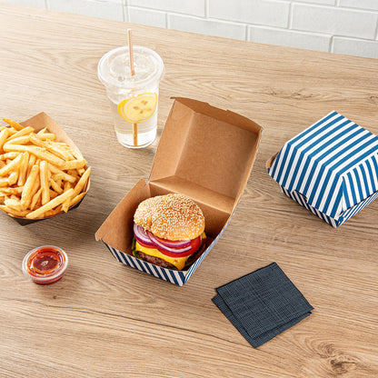 Bio Tek Blue and White Stripe Paper Burger Box - Ripple Wall - 4" x 4" x 3 3/4" - 100 count box