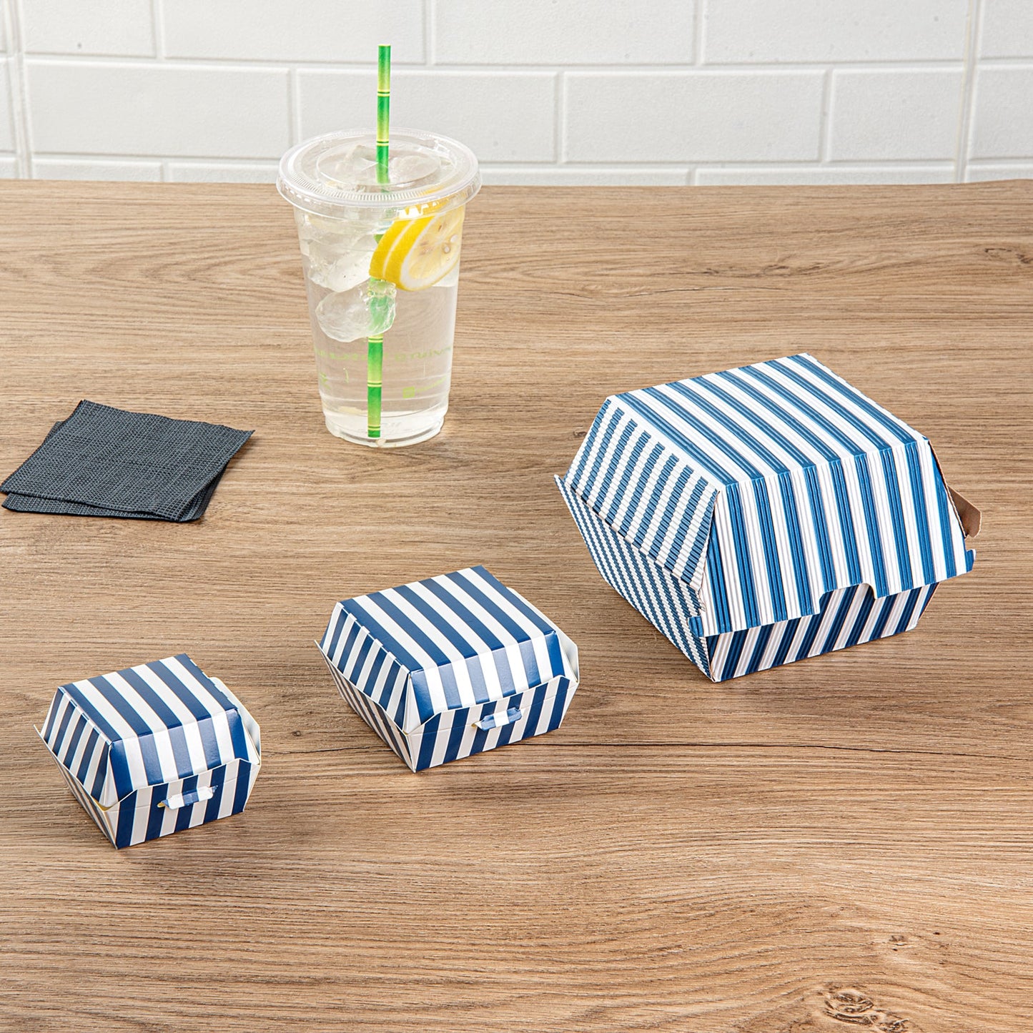 Bio Tek Blue and White Stripe Paper Burger Box - Ripple Wall - 4" x 4" x 3 3/4" - 100 count box