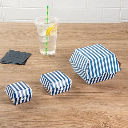 Bio Tek Blue and White Stripe Paper Burger Box - Ripple Wall - 4" x 4" x 3 3/4" - 100 count box