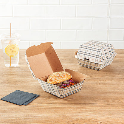 Bio Tek Plaid Paper Burger Box - Ripple Wall - 4" x 4" x 3 3/4" - 100 count box