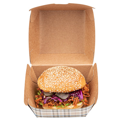 Bio Tek Plaid Paper Burger Box - Ripple Wall - 4" x 4" x 3 3/4" - 100 count box