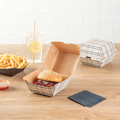 Bio Tek Plaid Paper Burger Box - Ripple Wall - 4" x 4" x 3 3/4" - 100 count box
