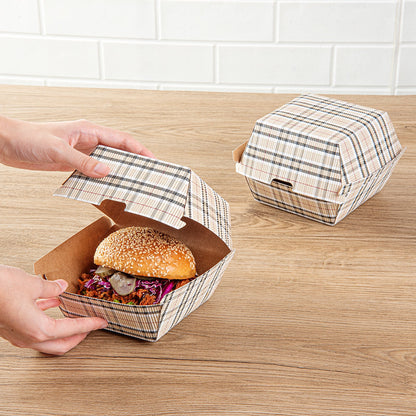 Bio Tek Plaid Paper Burger Box - Ripple Wall - 4" x 4" x 3 3/4" - 100 count box
