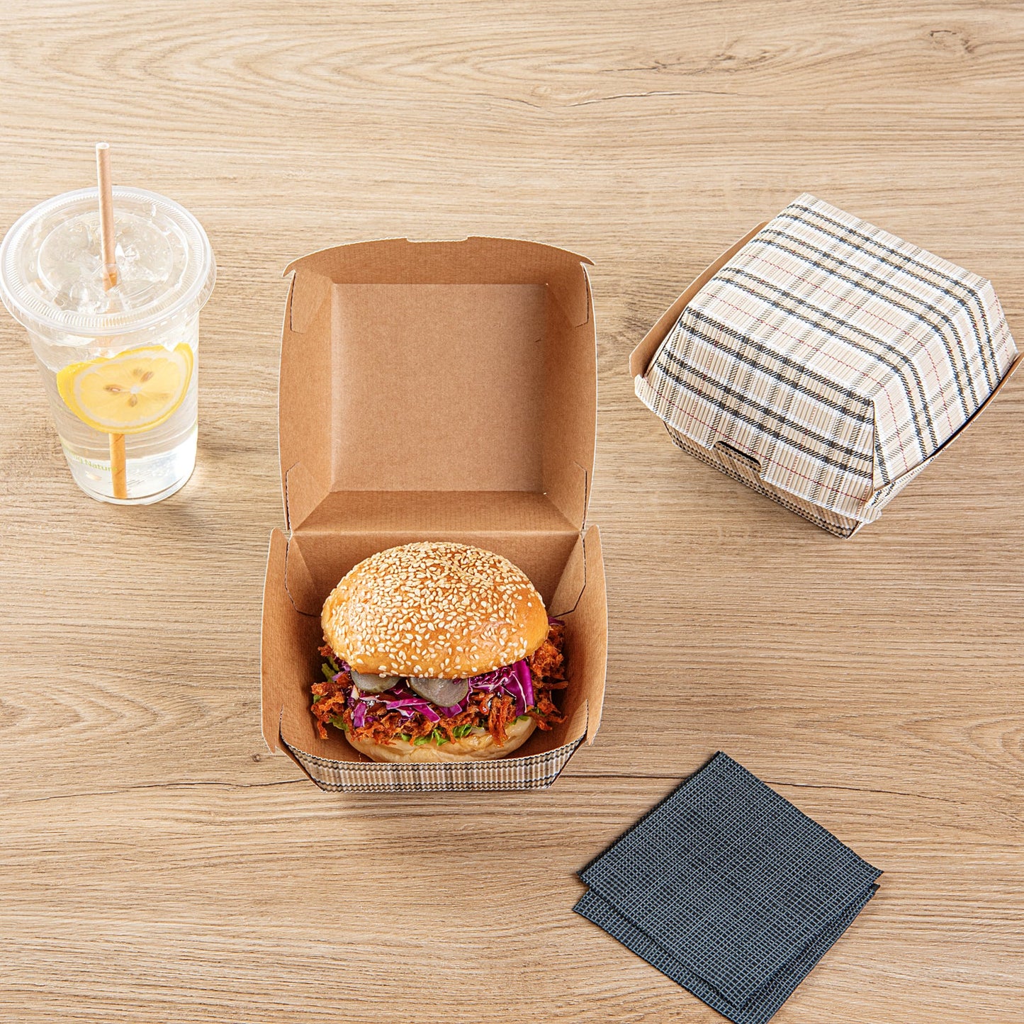 Bio Tek Plaid Paper Burger Box - Ripple Wall - 4" x 4" x 3 3/4" - 100 count box