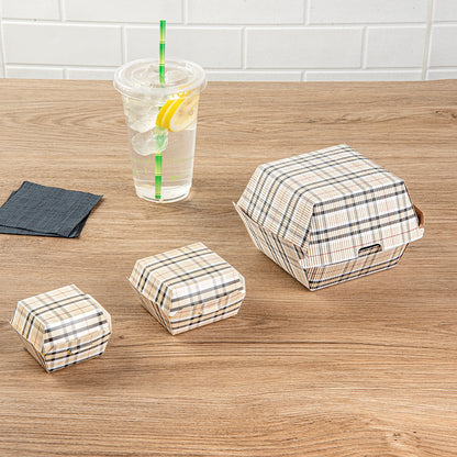 Bio Tek Plaid Paper Burger Box - Ripple Wall - 4" x 4" x 3 3/4" - 100 count box