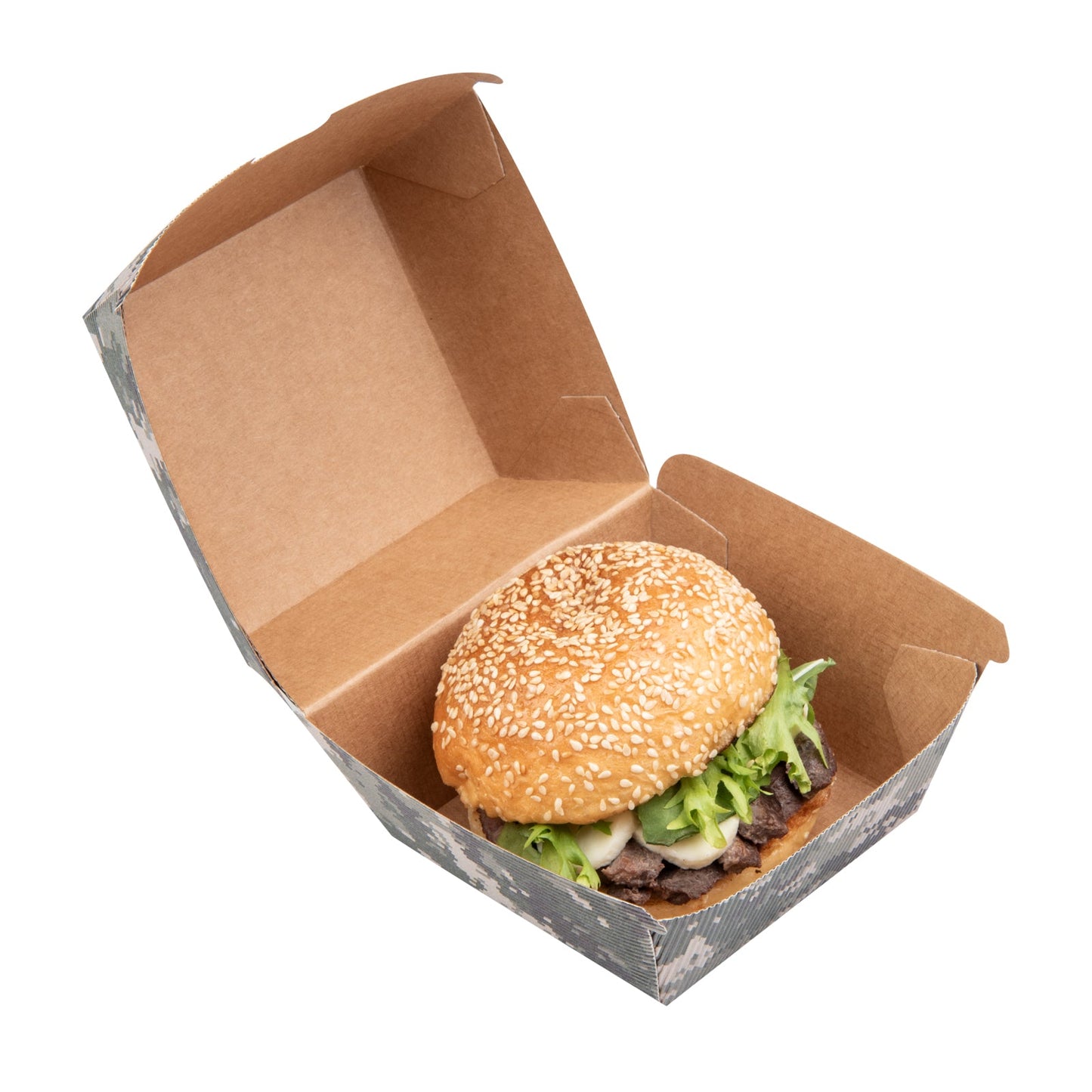 Bio Tek Camouflage Paper Burger Box - Ripple Wall - 4" x 4" x 3 3/4" - 100 count box