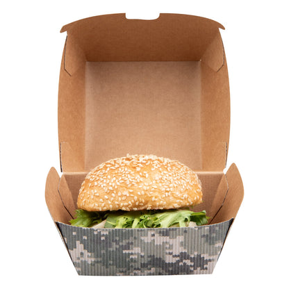 Bio Tek Camouflage Paper Burger Box - Ripple Wall - 4" x 4" x 3 3/4" - 100 count box