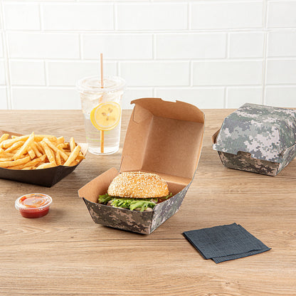 Bio Tek Camouflage Paper Burger Box - Ripple Wall - 4" x 4" x 3 3/4" - 100 count box