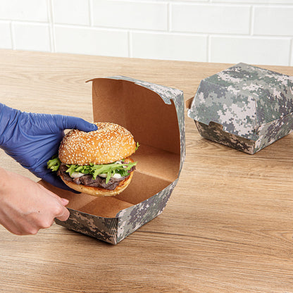 Bio Tek Camouflage Paper Burger Box - Ripple Wall - 4" x 4" x 3 3/4" - 100 count box