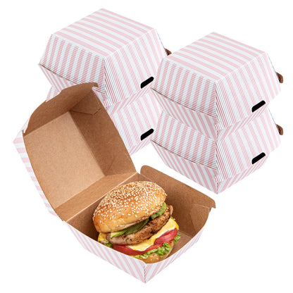 Bio Tek Pink and White Stripe Paper Burger Box - Ripple Wall - 4" x 4" x 3 3/4" - 100 count box