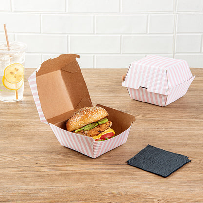 Bio Tek Pink and White Stripe Paper Burger Box - Ripple Wall - 4" x 4" x 3 3/4" - 100 count box