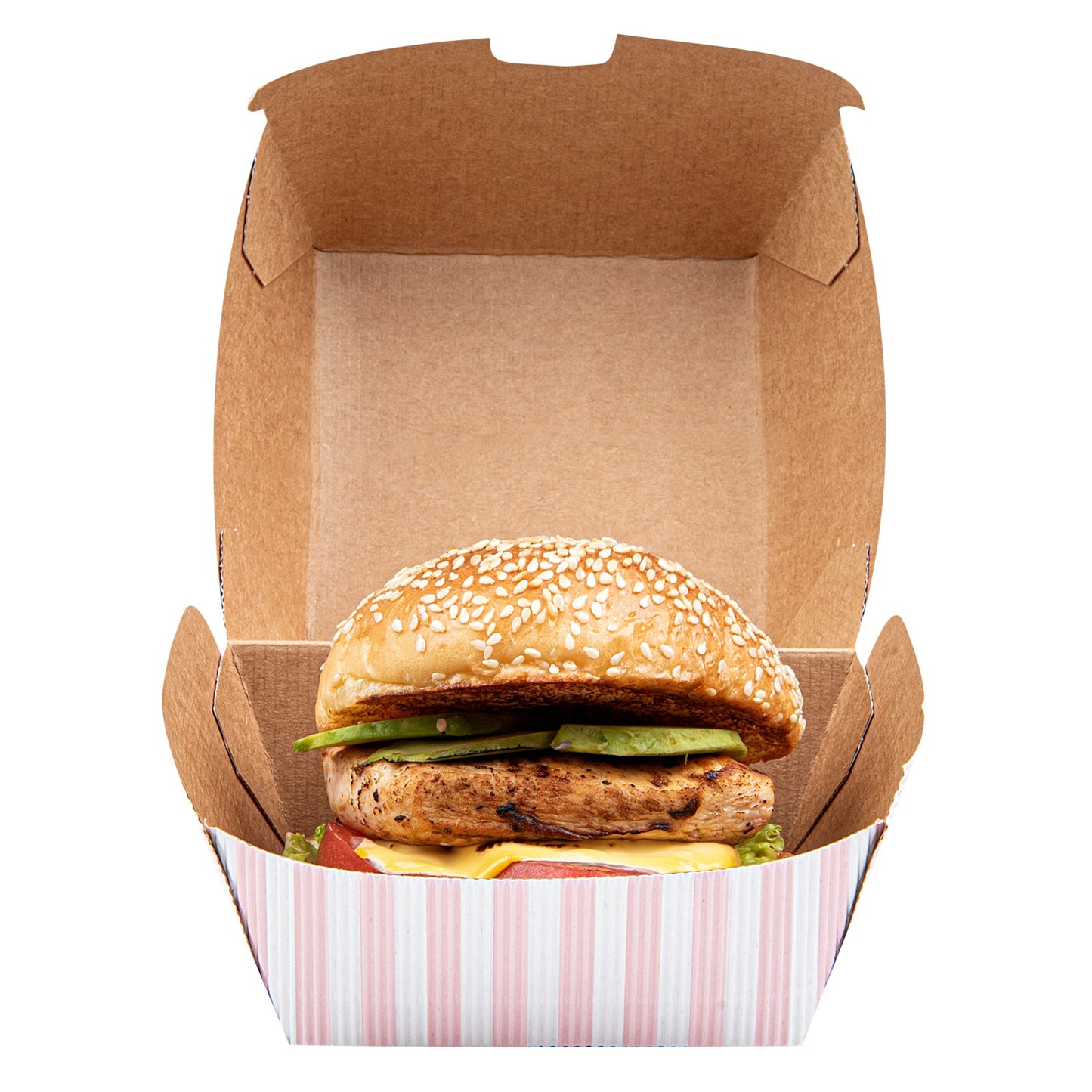 Bio Tek Pink and White Stripe Paper Burger Box - Ripple Wall - 4" x 4" x 3 3/4" - 100 count box