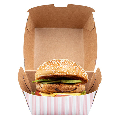 Bio Tek Pink and White Stripe Paper Burger Box - Ripple Wall - 4" x 4" x 3 3/4" - 100 count box