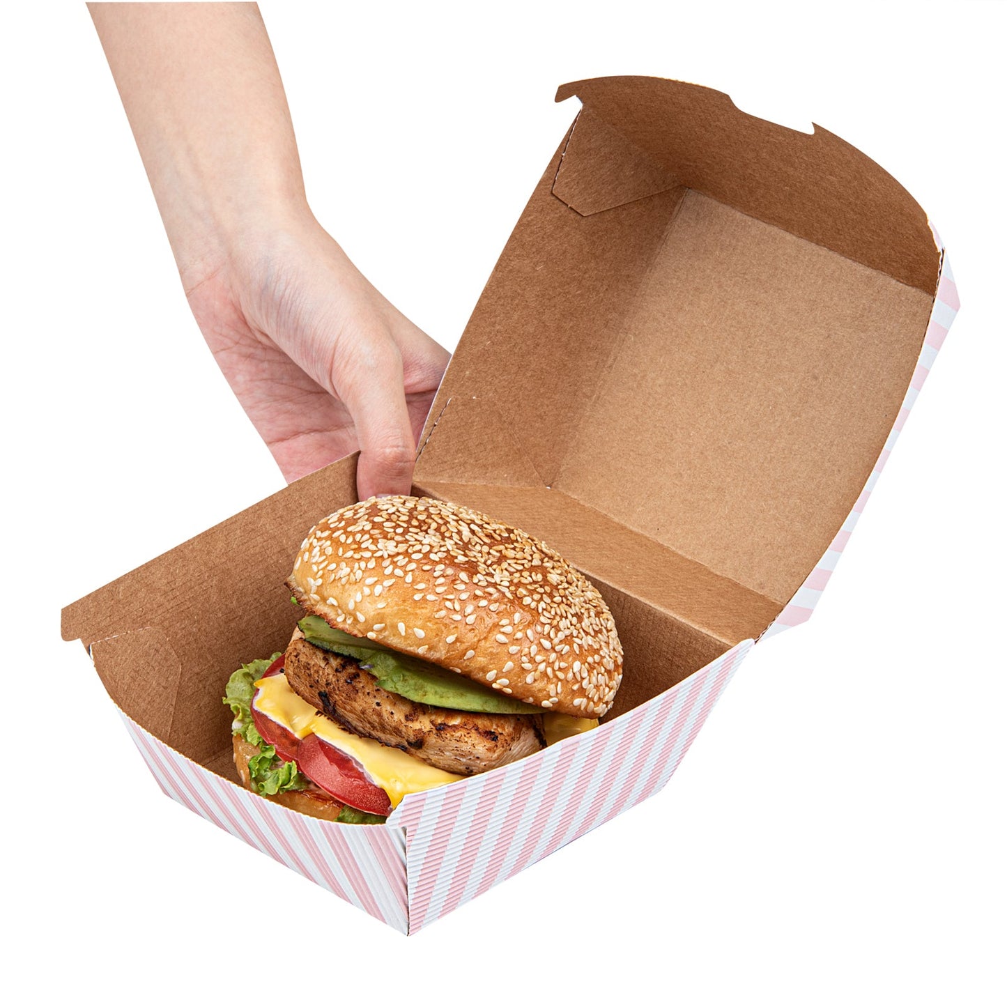 Bio Tek Pink and White Stripe Paper Burger Box - Ripple Wall - 4" x 4" x 3 3/4" - 100 count box