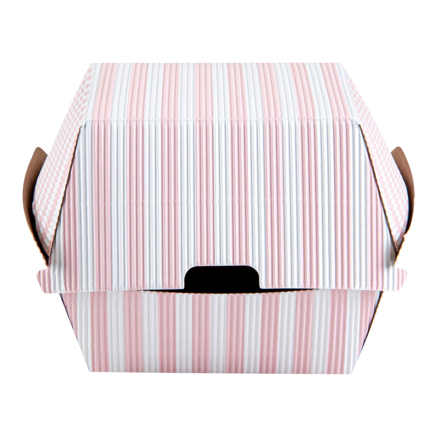 Bio Tek Pink and White Stripe Paper Burger Box - Ripple Wall - 4" x 4" x 3 3/4" - 100 count box