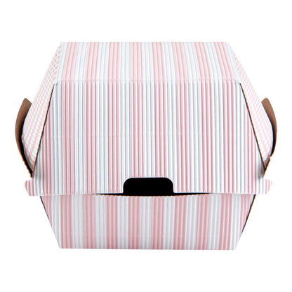 Bio Tek Pink and White Stripe Paper Burger Box - Ripple Wall - 4" x 4" x 3 3/4" - 100 count box