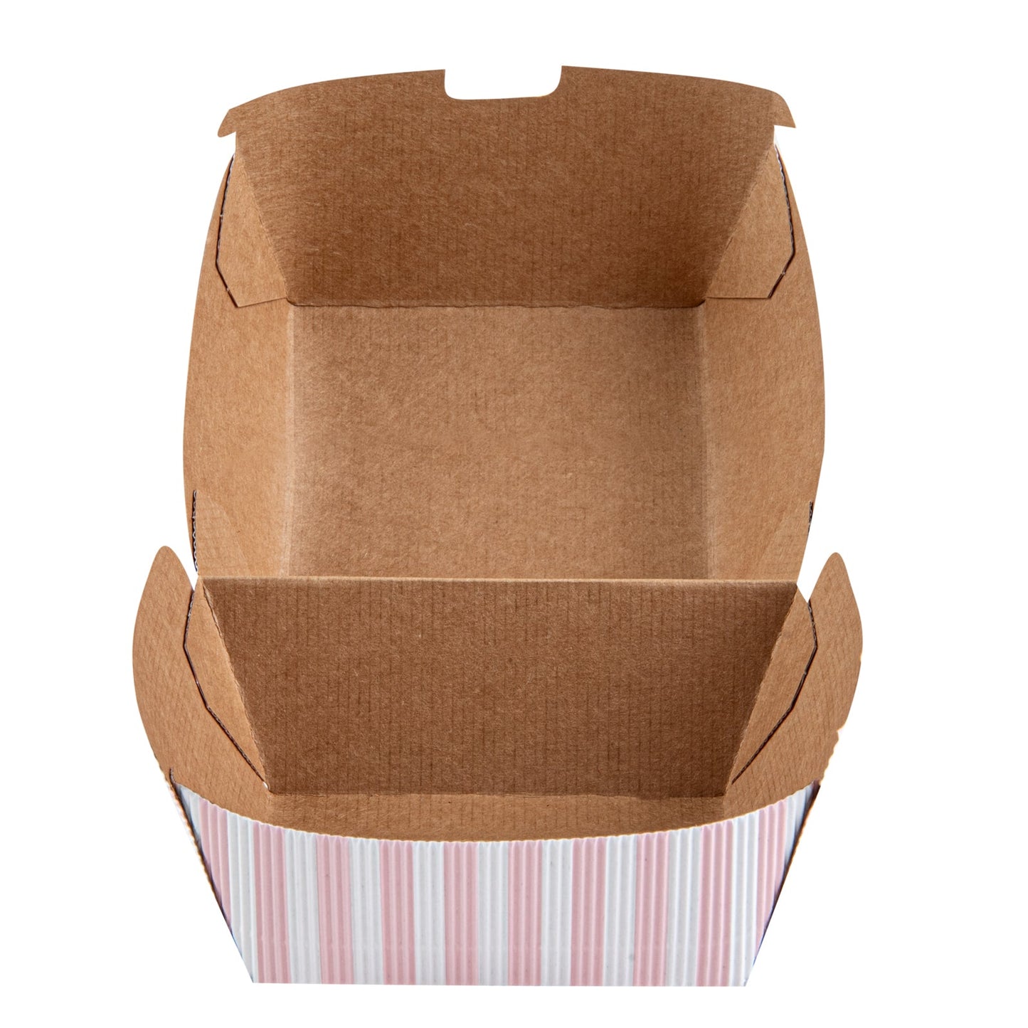Bio Tek Pink and White Stripe Paper Burger Box - Ripple Wall - 4" x 4" x 3 3/4" - 100 count box