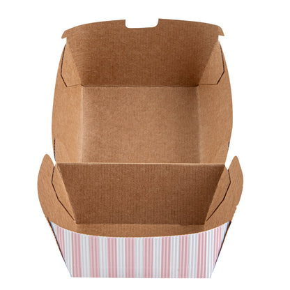 Bio Tek Pink and White Stripe Paper Burger Box - Ripple Wall - 4" x 4" x 3 3/4" - 100 count box