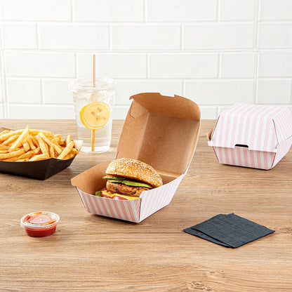 Bio Tek Pink and White Stripe Paper Burger Box - Ripple Wall - 4" x 4" x 3 3/4" - 100 count box