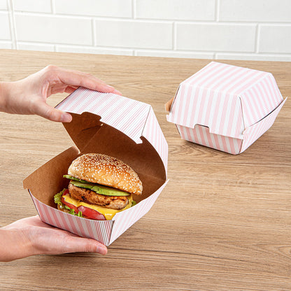 Bio Tek Pink and White Stripe Paper Burger Box - Ripple Wall - 4" x 4" x 3 3/4" - 100 count box