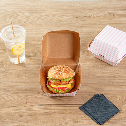 Bio Tek Pink and White Stripe Paper Burger Box - Ripple Wall - 4" x 4" x 3 3/4" - 100 count box