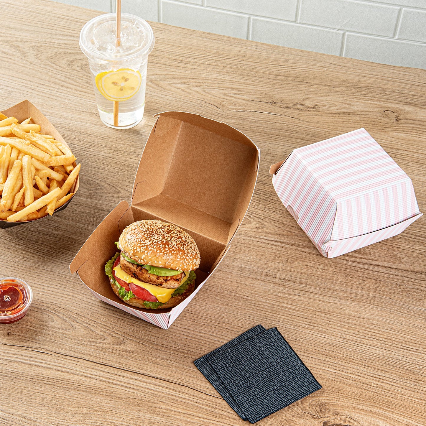 Bio Tek Pink and White Stripe Paper Burger Box - Ripple Wall - 4" x 4" x 3 3/4" - 100 count box