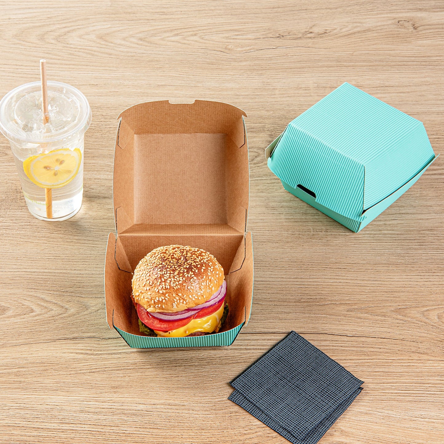 Bio Tek Turquoise Paper Burger Box - Ripple Wall - 4" x 4" x 3 3/4" - 100 count box
