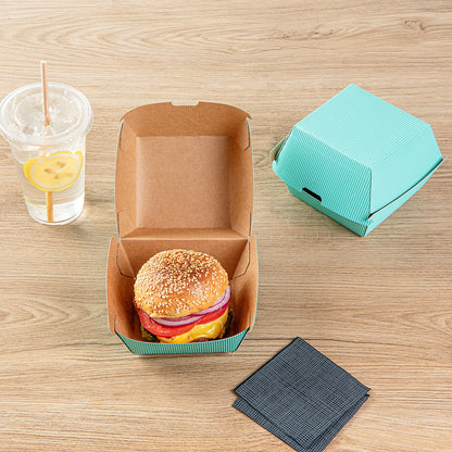 Bio Tek Turquoise Paper Burger Box - Ripple Wall - 4" x 4" x 3 3/4" - 100 count box
