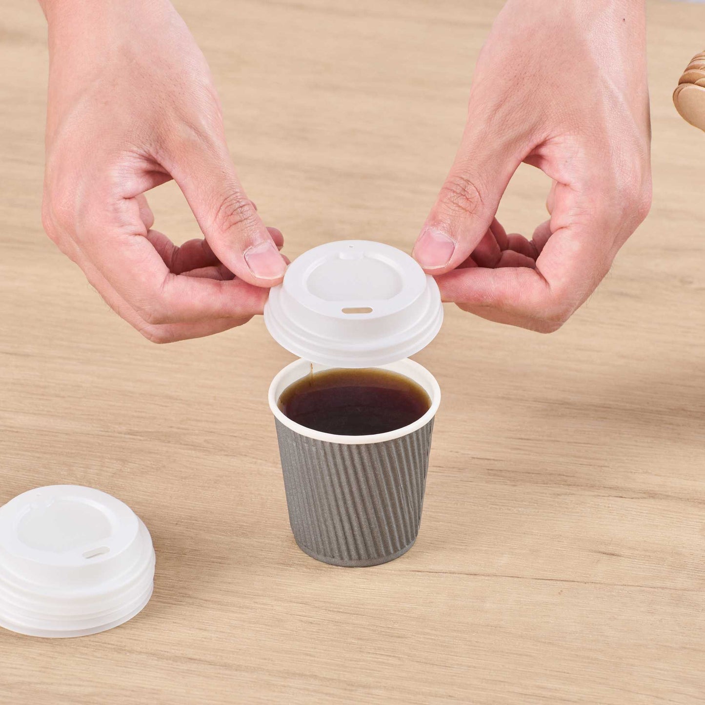 Basic Nature White PLA Plastic Coffee Cup Lid - Fits 4 oz, Compostable - 2 1/2" x 2 1/2" x 1/2" - 50 count box