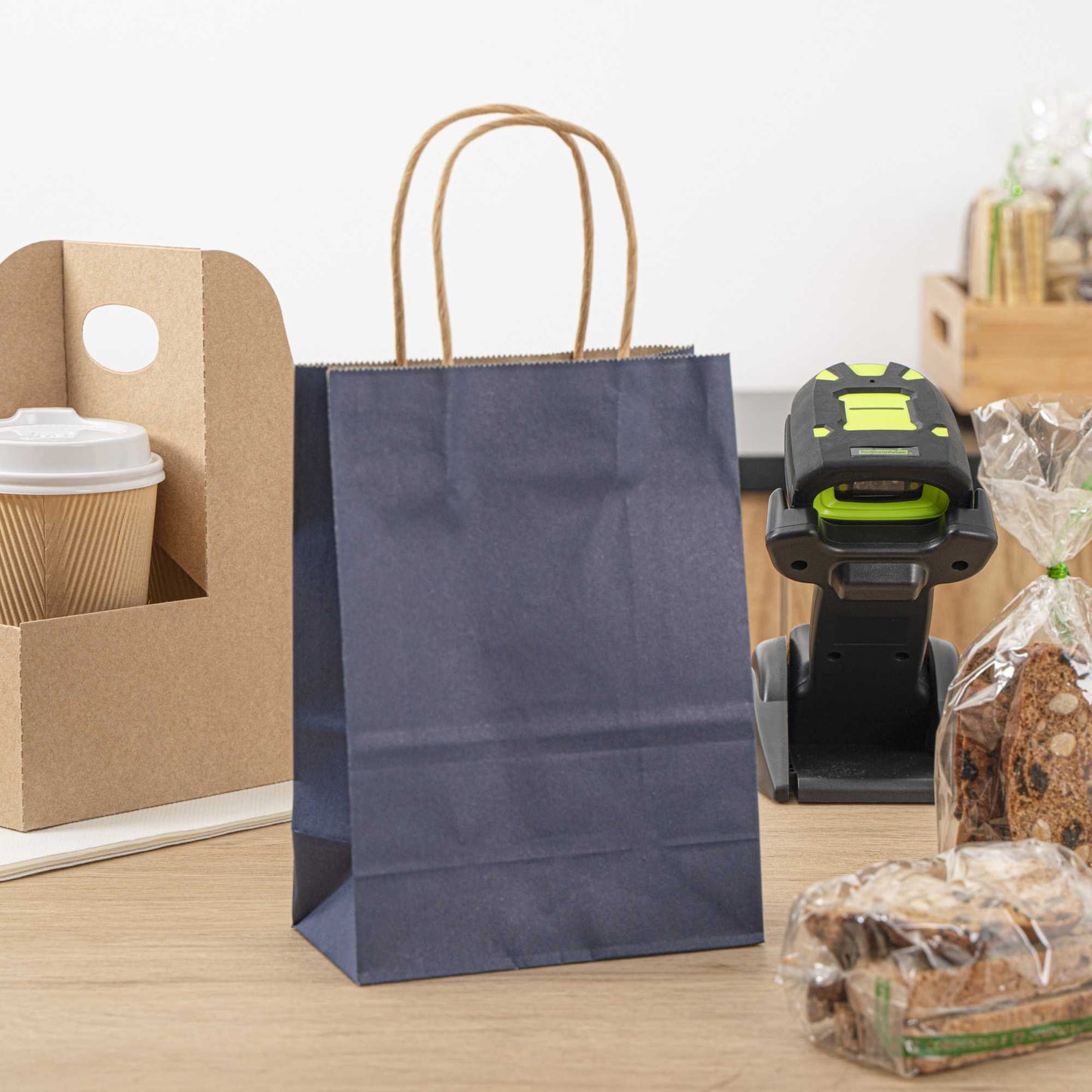 Saving Nature Dark Blue Paper Small Retail Bag - with Handles - 6" x 3 1/4" x 8 1/4" - 100 count box