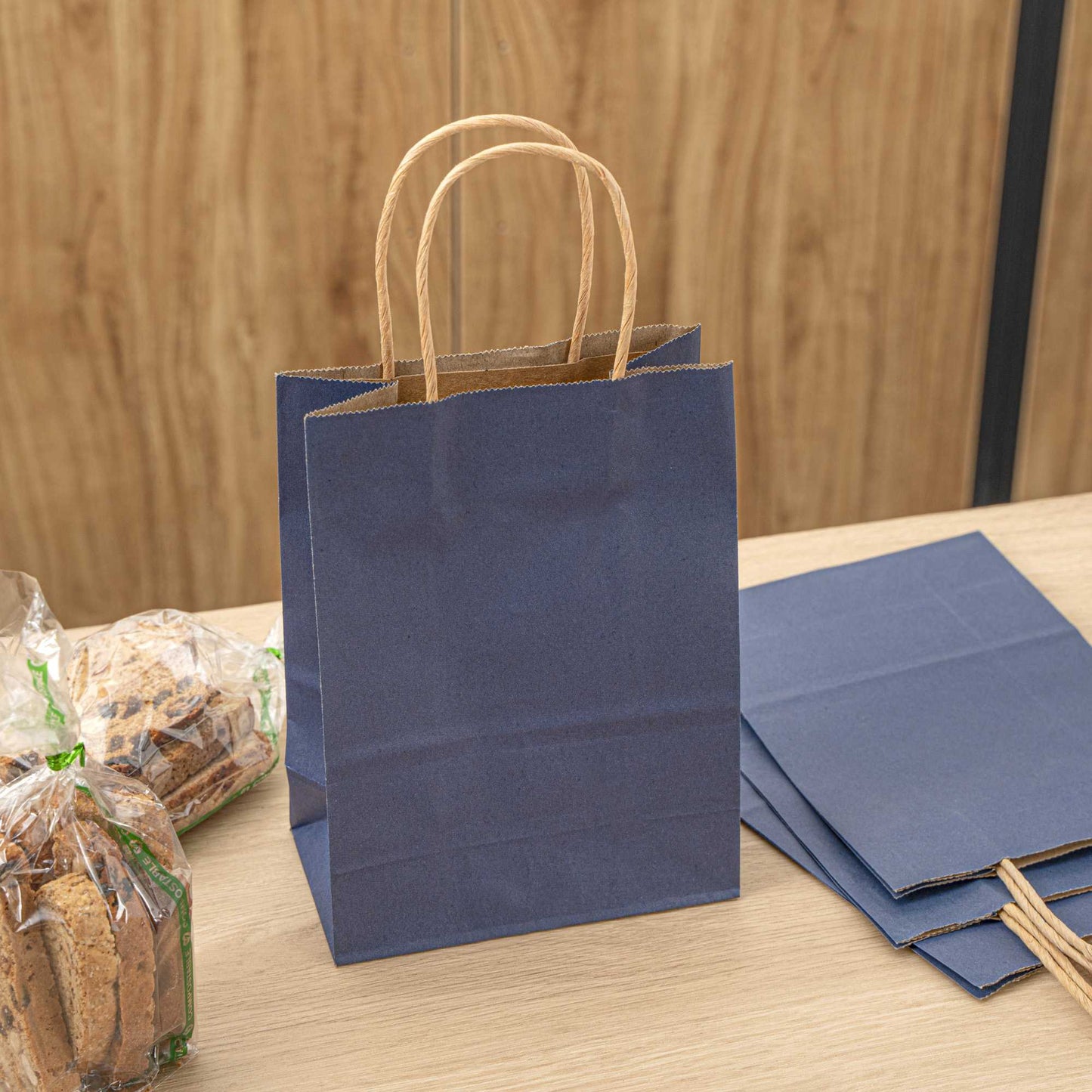 Saving Nature Dark Blue Paper Small Retail Bag - with Handles - 6" x 3 1/4" x 8 1/4" - 100 count box