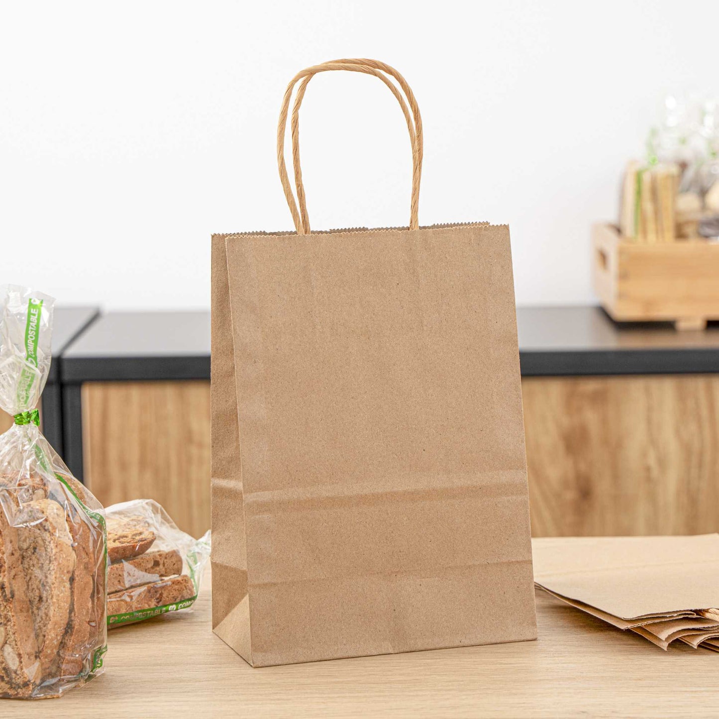 Saving Nature Kraft Paper Small Retail Bag - with Handles - 6" x 3 1/4" x 8 1/4" - 100 count box