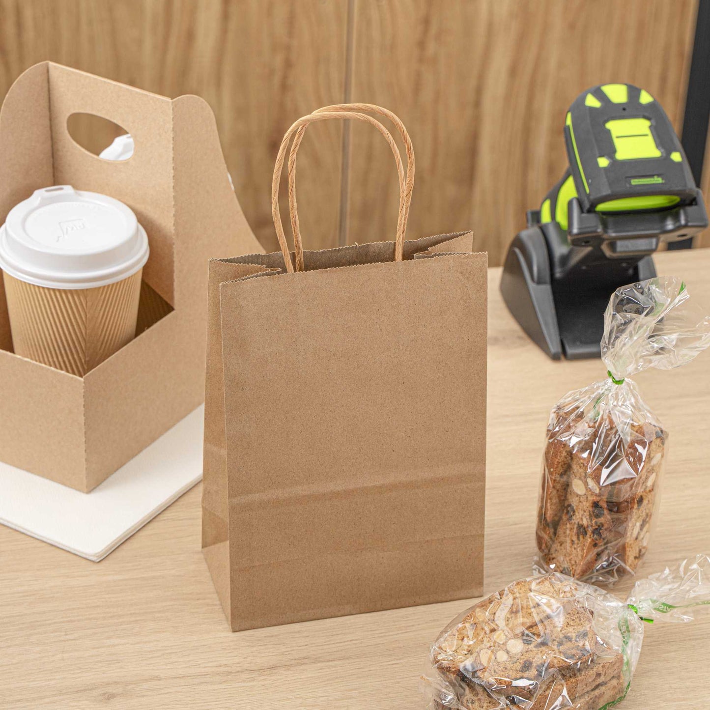 Saving Nature Kraft Paper Small Retail Bag - with Handles - 6" x 3 1/4" x 8 1/4" - 100 count box