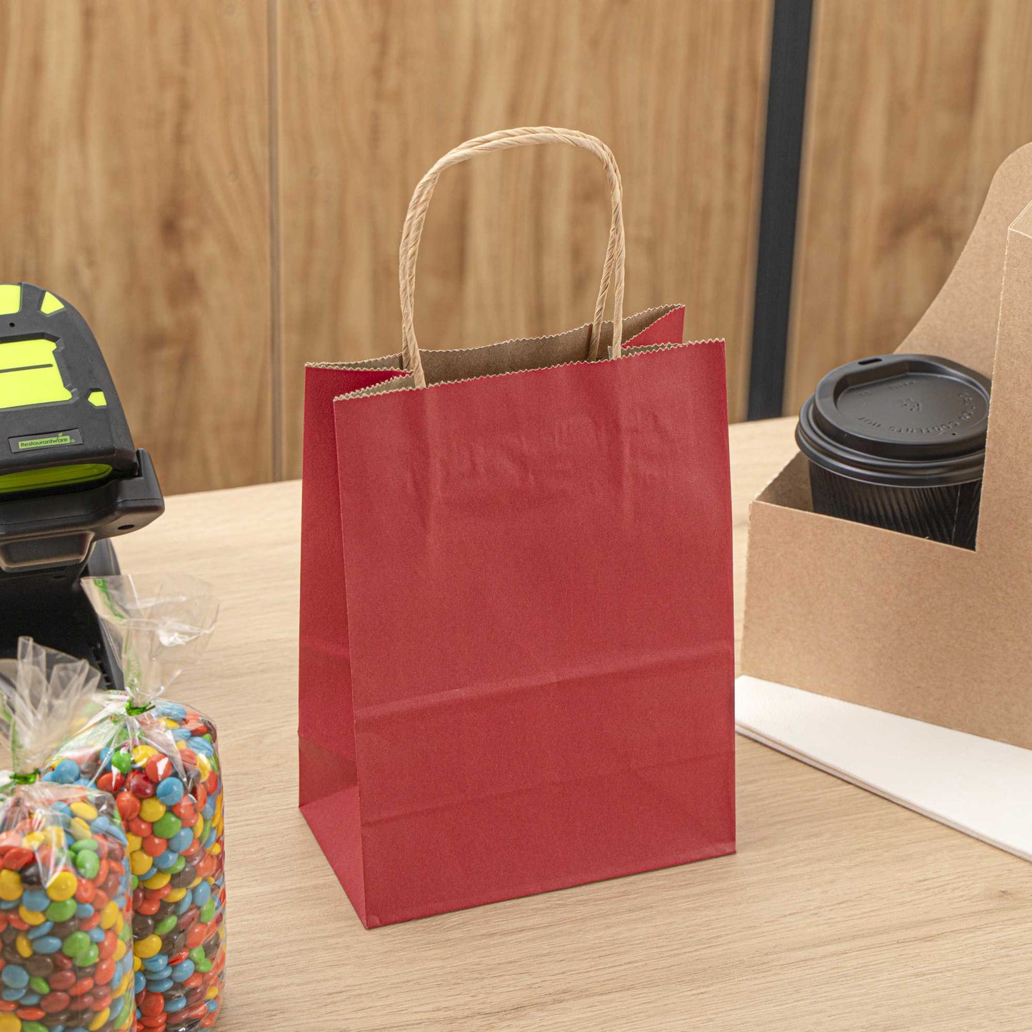 Saving Nature Red Paper Small Retail Bag - with Handles - 6" x 3 1/4" x 8 1/4" - 100 count box