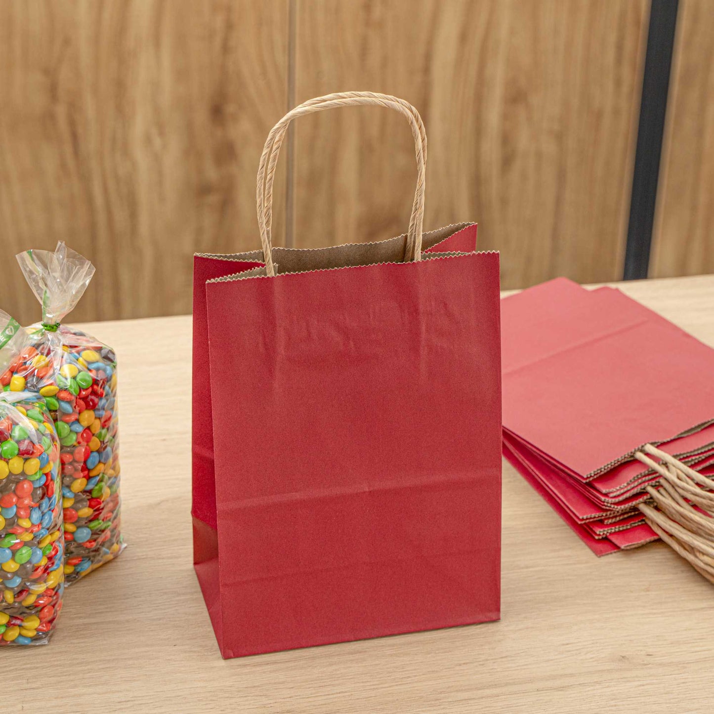 Saving Nature Red Paper Small Retail Bag - with Handles - 6" x 3 1/4" x 8 1/4" - 100 count box