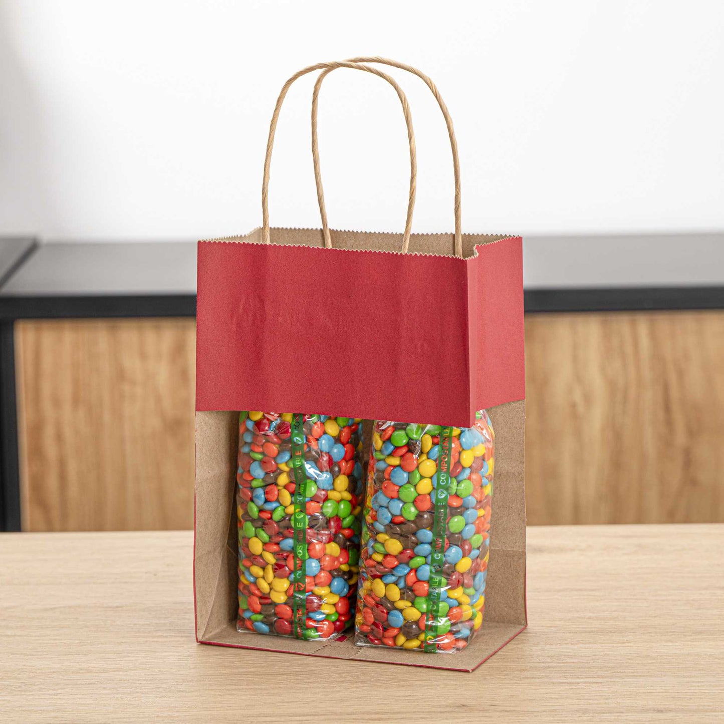 Saving Nature Red Paper Small Retail Bag - with Handles - 6" x 3 1/4" x 8 1/4" - 100 count box