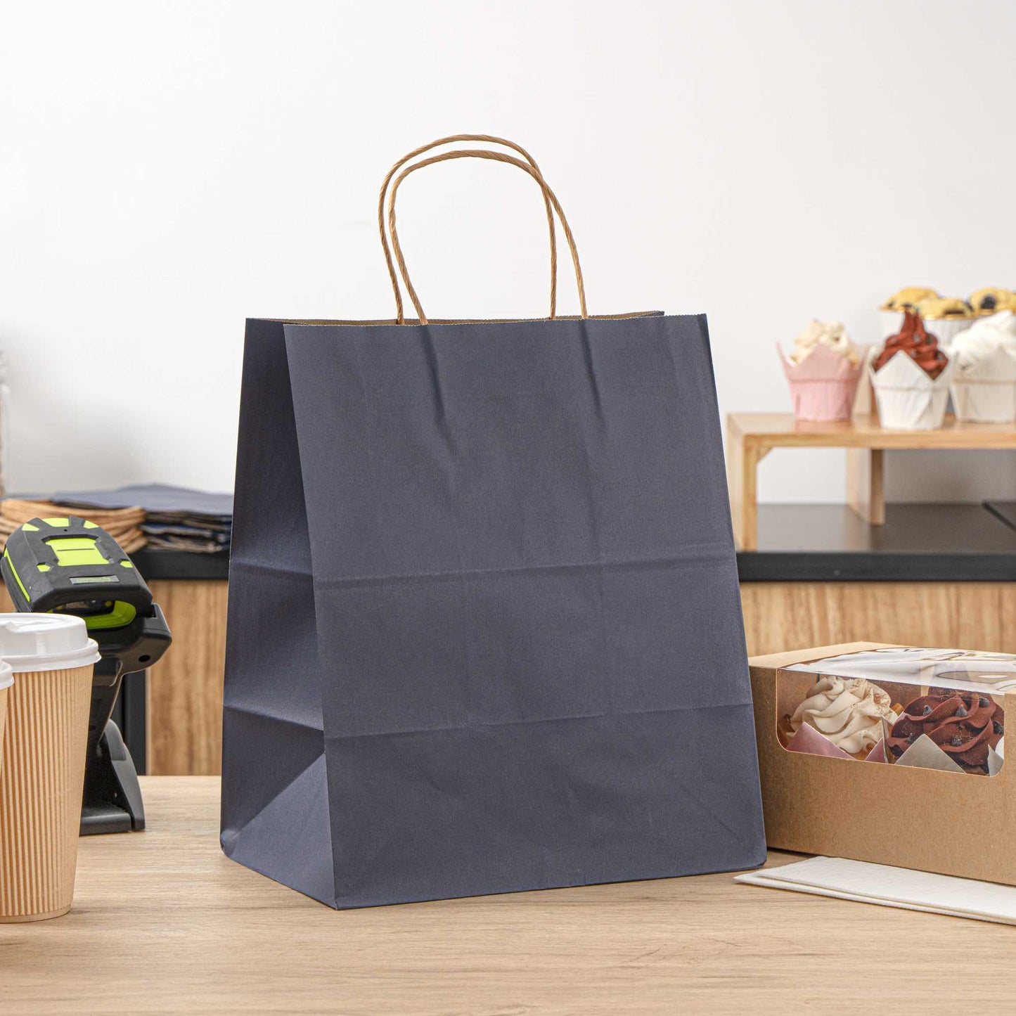 Saving Nature Dark Blue Paper Medium Retail Bag - with Handles - 10" x 6 3/4" x 12" - 100 count box