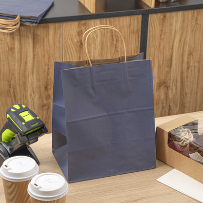 Saving Nature Dark Blue Paper Medium Retail Bag - with Handles - 10" x 6 3/4" x 12" - 100 count box