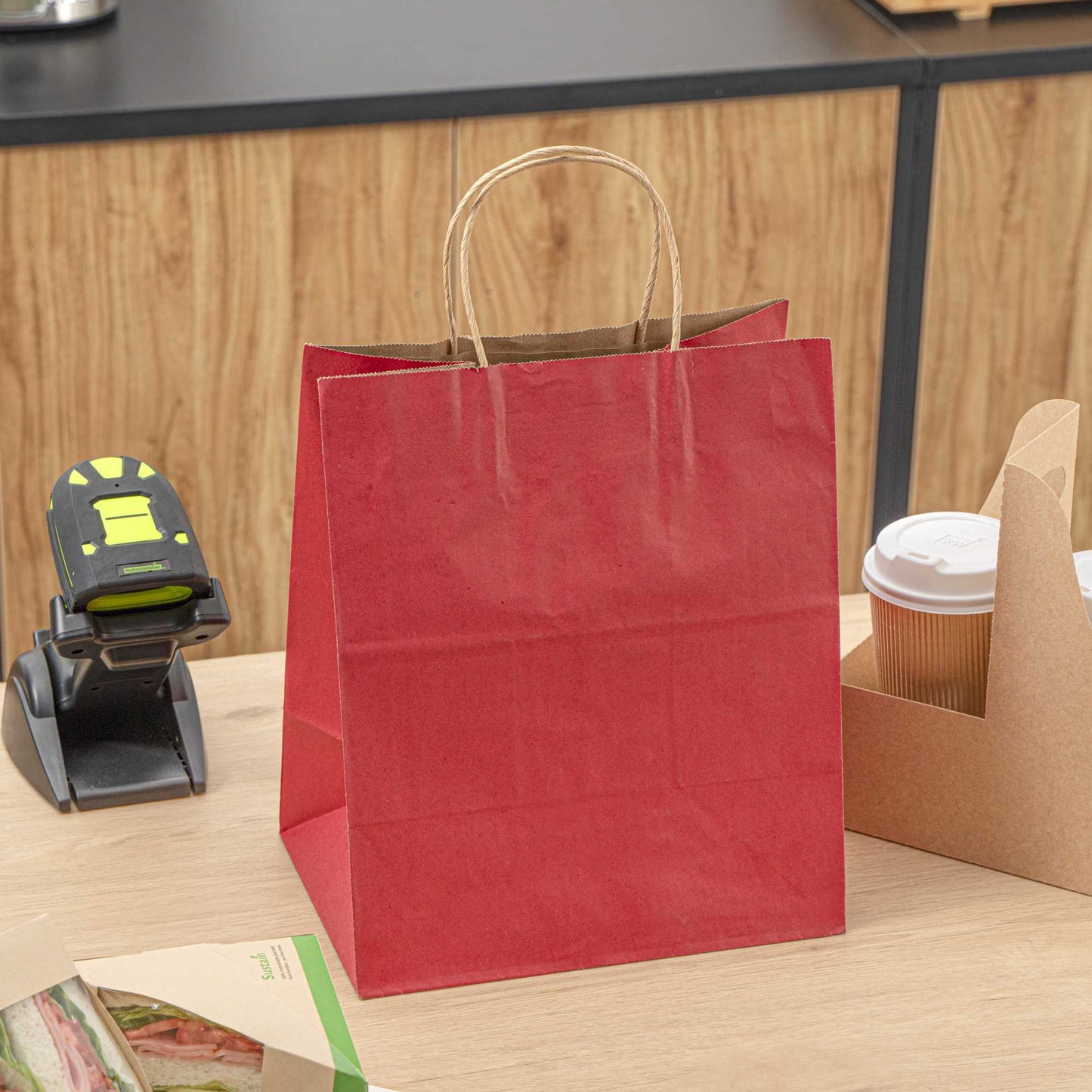 Saving Nature Red Paper Medium Retail Bag - with Handles - 10" x 6 3/4" x 12" - 100 count box